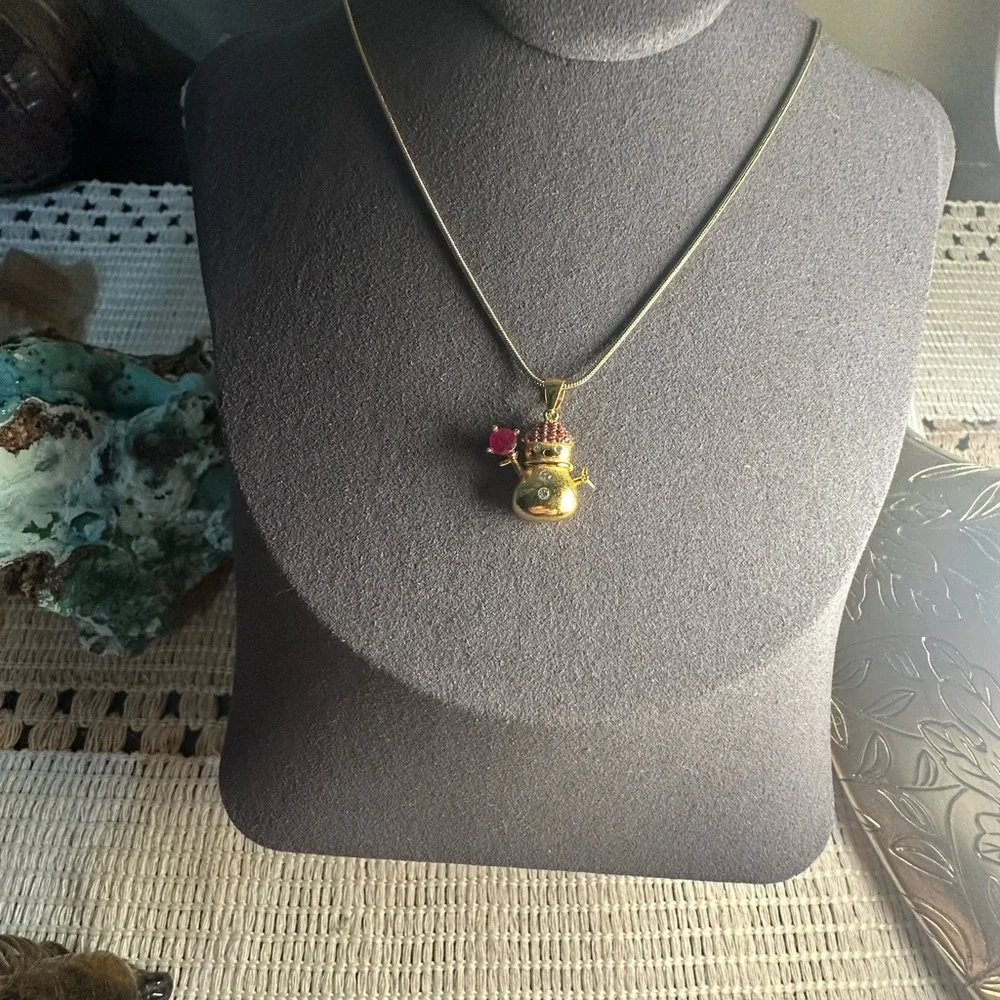 Adorable Gold and Rhodolite Snowman Pendant Necklace - Picture 6 of 11
